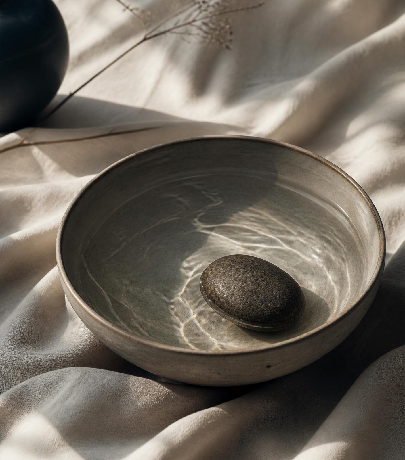 Still life of a stoneware bowl of water with a river stone — the Water & Stone Clinic emblem.